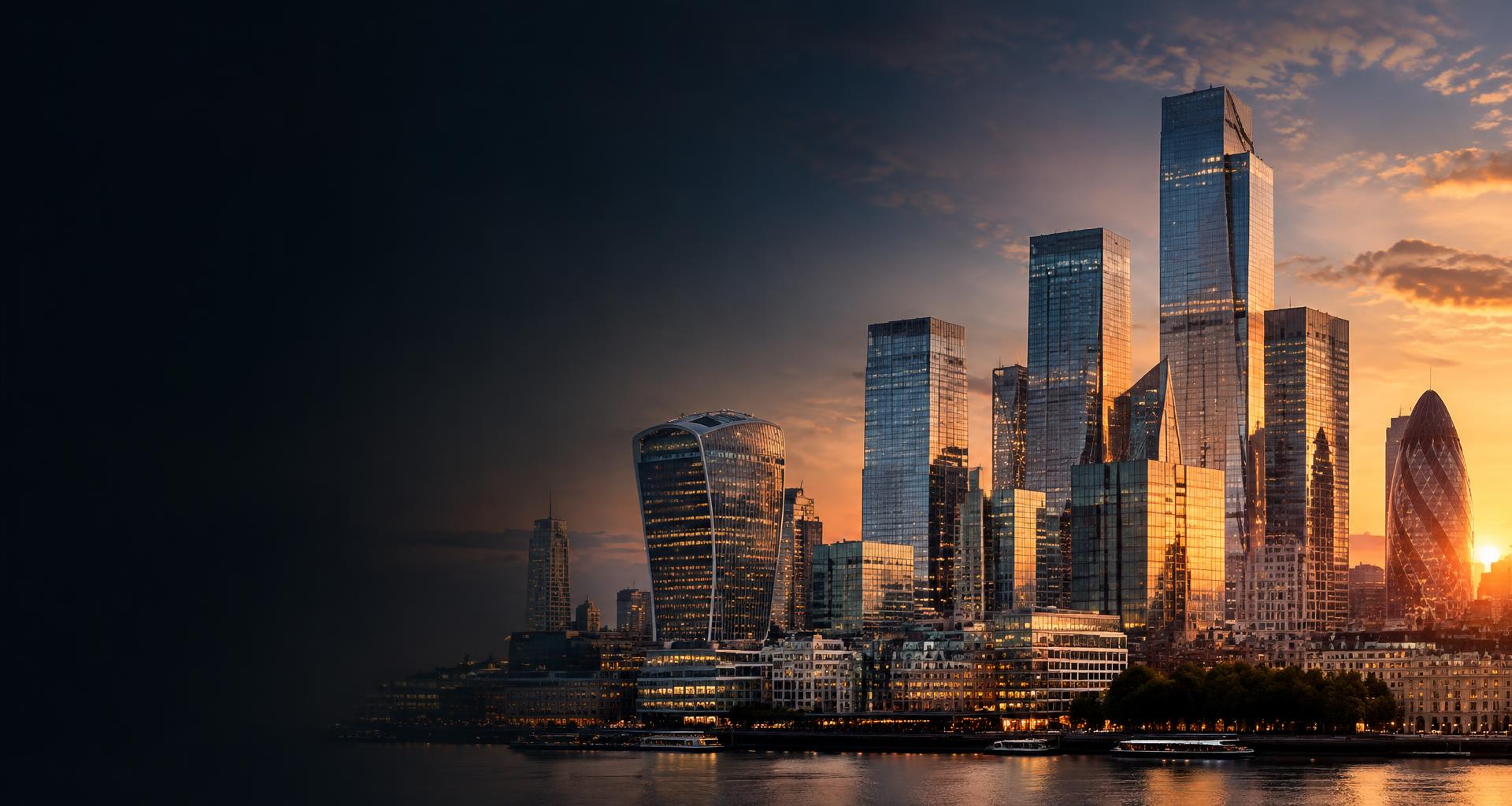 Edifícios de um centro financeiro internacional ao pôr do sol