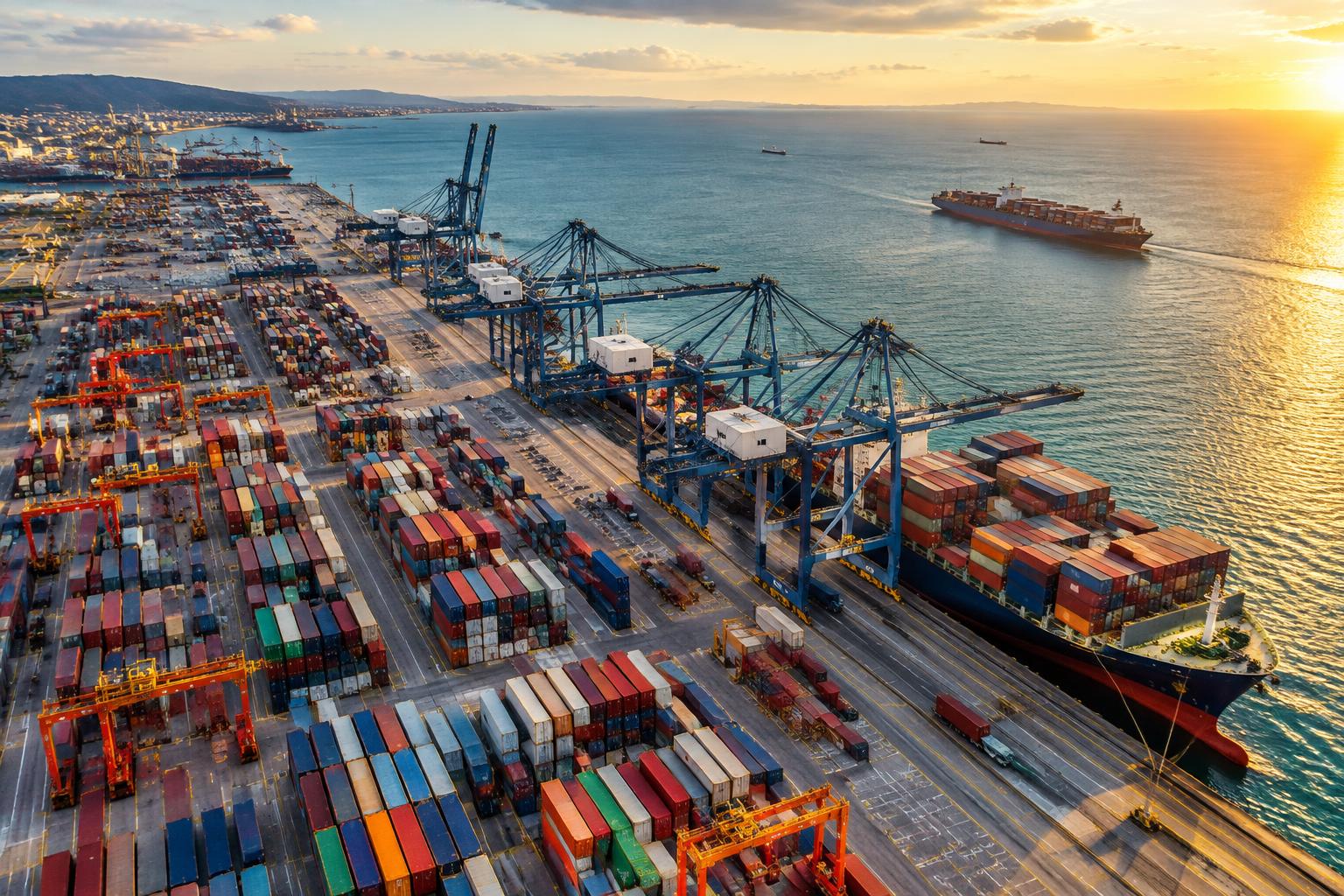 Porto de contêineres e navios conectando o comércio global