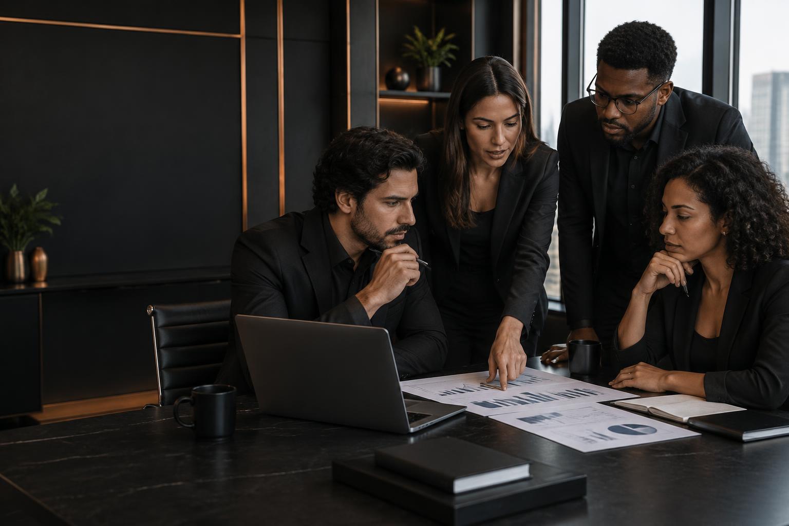 Imagem ilustrativa de quatro profissionais discutindo um cenário financeiro