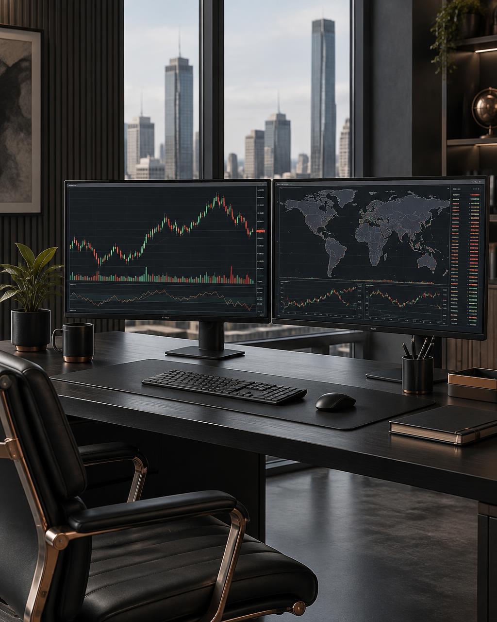 Estação de trabalho ilustrativa com telas de gráficos financeiros